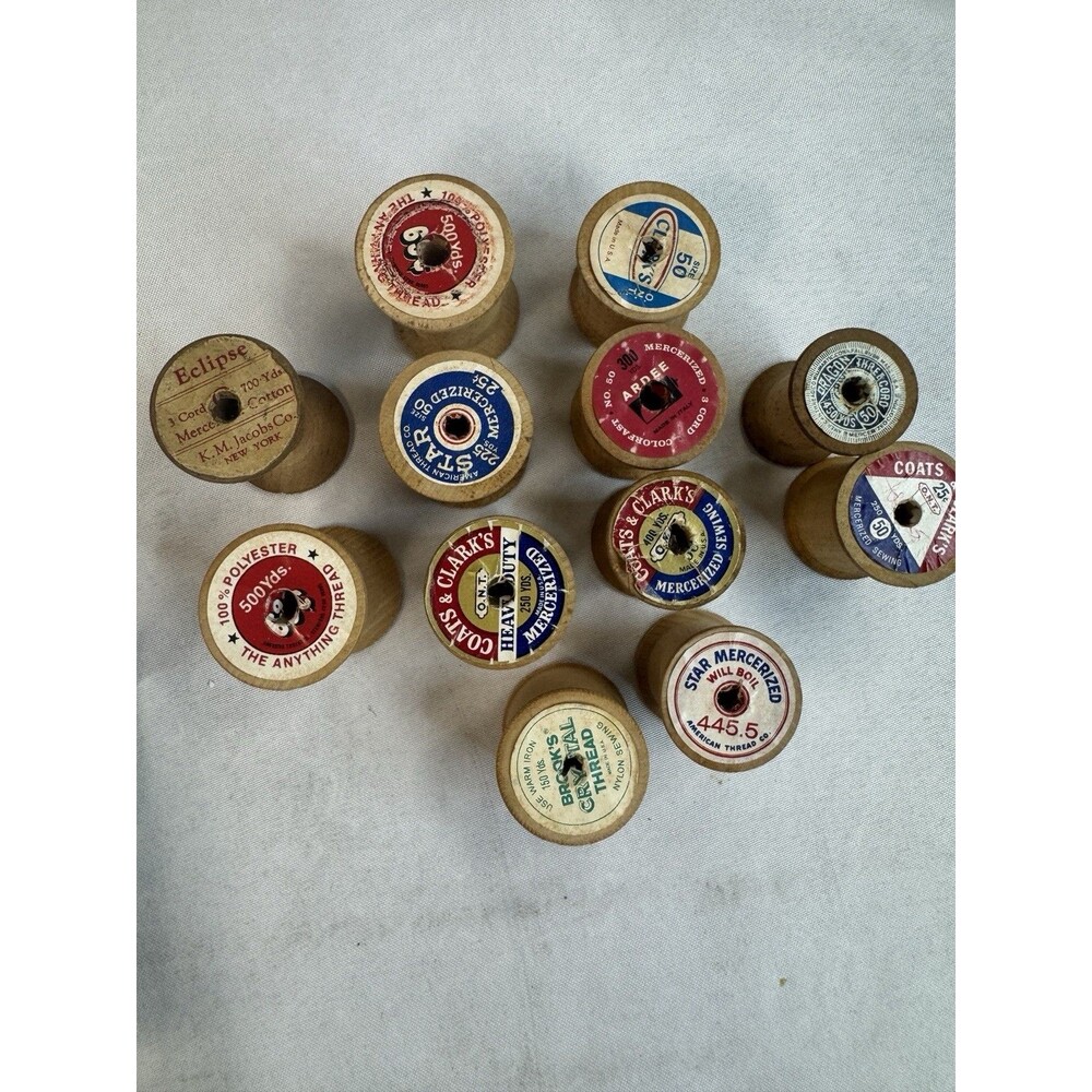 Vintage Wooden Thread Spools Lot of 12 Eclipse Star Brooks Coats & Clark's Craft